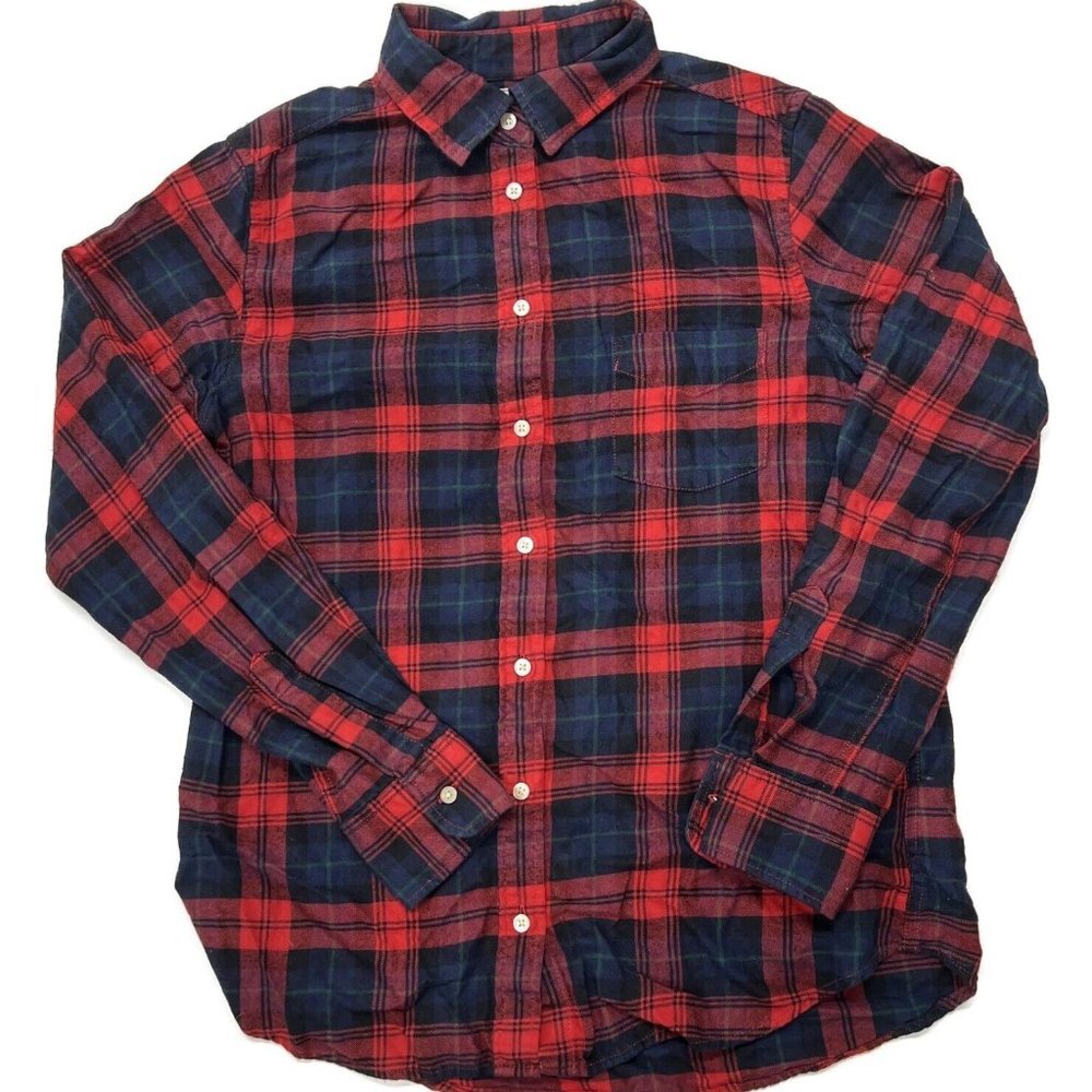 Uniqlo Womens Button Up Long Sleeve Shirt‎ Small Red Blue Plaid Flannel Cotton